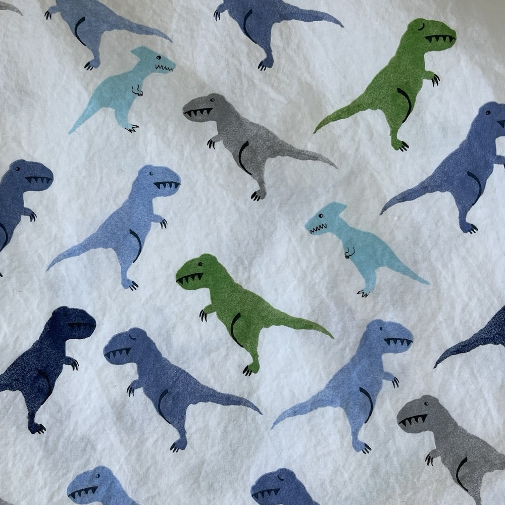 Pottery Barn Kids Warren Dinosaur TWIN FLAT Sheet Organic Cotton White Blue - Picture 4 of 6